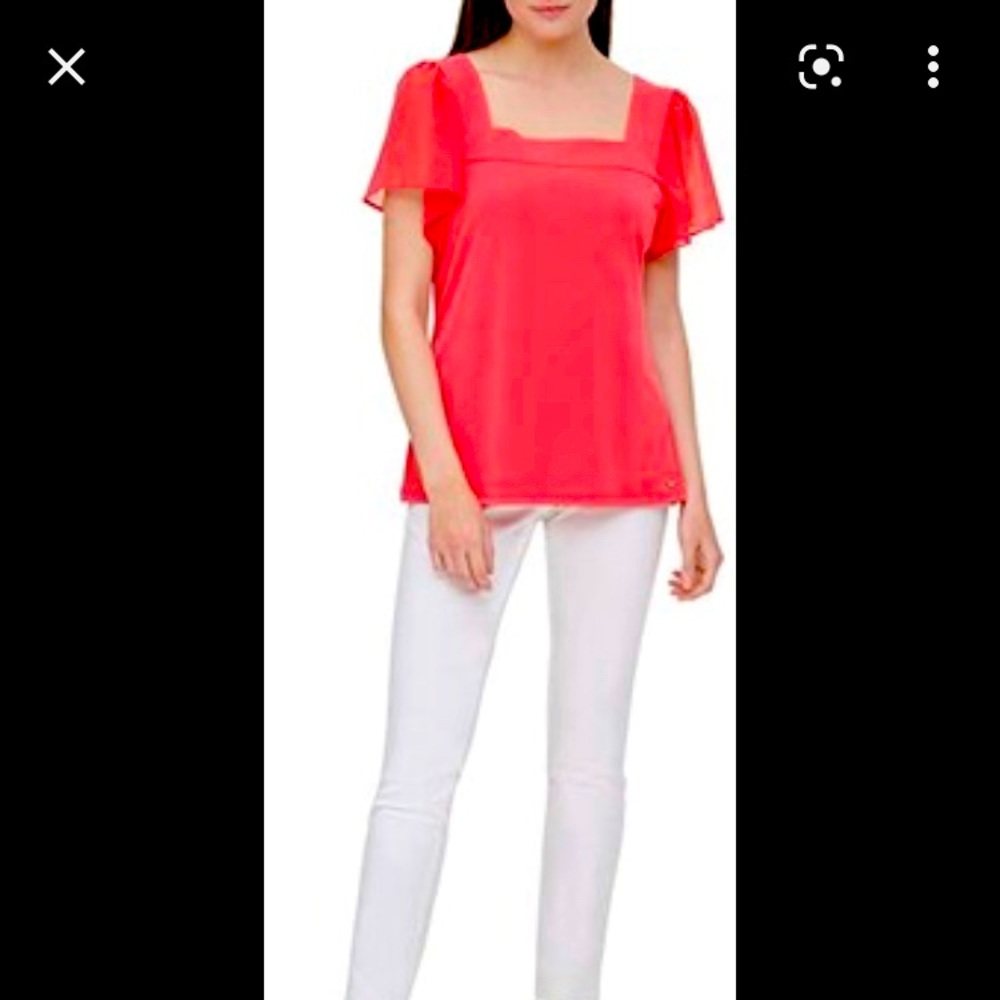 Magenta Pink Square Neck Flutter Sleeve Short Sleeve Blouse